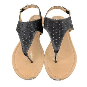 Dream Pairs Womens Black Laser Cut Studded Slingback Thong Flat Sandals Size 10